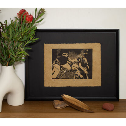 A linocut print depicting the Mother Revolution which is a tribute to Comandante Ramona