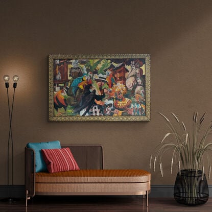 Vibrantly coloured and chaotic images thick with oil paint in bold spontaneous strokes. An artwork to dominate and enliven your space. Redolent with memories of a holiday in exotic Bali