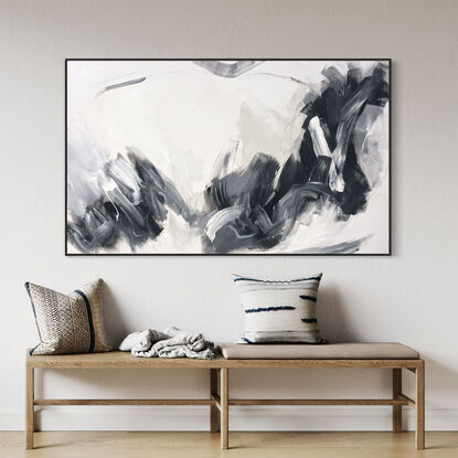 Dramatic tones in black, white, grey, and neutral beige combined with large expressive pencil and paint marks, across the canvas surface. 