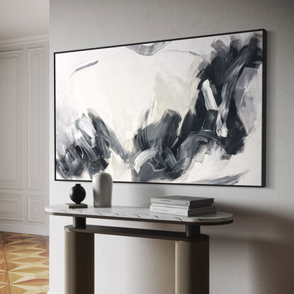 Dramatic tones in black, white, grey, and neutral beige combined with large expressive pencil and paint marks, across the canvas surface. 