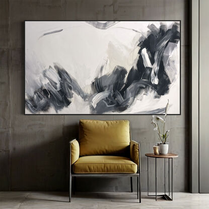 Dramatic tones in black, white, grey, and neutral beige combined with large expressive pencil and paint marks, across the canvas surface. 