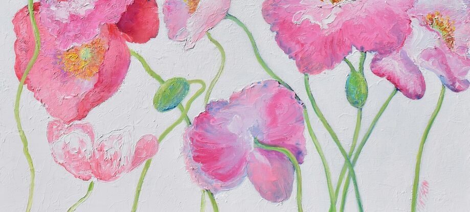 Oil painting of graceful pink Iceland poppies on a white painted background.