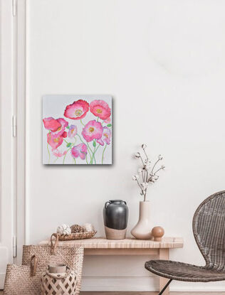 Oil painting of graceful pink Iceland poppies on a white painted background.