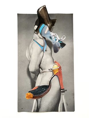 Male vintage erotica centrefold collaged with women’s shoes . I love how the shoes, heels and boots create these whacky face and outfits . The man is a camp gladiator !