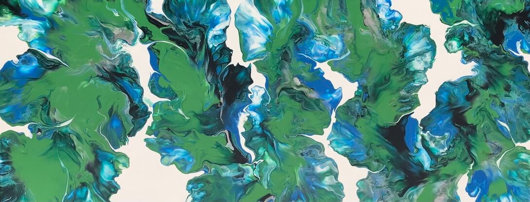 A captivating painting inspired by the natural world, using fluid art techniques to blend shades of greens, blues, against a white background. The colours flow smoothly across the canvas inviting you to imagine the abstract influence of botanical style 