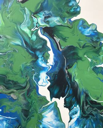 A captivating painting inspired by the natural world, using fluid art techniques to blend shades of greens, blues, against a white background. The colours flow smoothly across the canvas inviting you to imagine the abstract influence of botanical style 