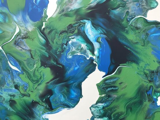 A captivating painting inspired by the natural world, using fluid art techniques to blend shades of greens, blues, against a white background. The colours flow smoothly across the canvas inviting you to imagine the abstract influence of botanical style 