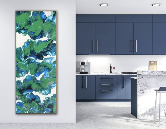 A captivating painting inspired by the natural world, using fluid art techniques to blend shades of greens, blues, against a white background. The colours flow smoothly across the canvas inviting you to imagine the abstract influence of botanical style 