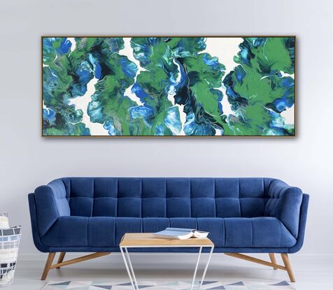 A captivating painting inspired by the natural world, using fluid art techniques to blend shades of greens, blues, against a white background. The colours flow smoothly across the canvas inviting you to imagine the abstract influence of botanical style 