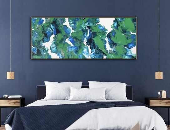 A captivating painting inspired by the natural world, using fluid art techniques to blend shades of greens, blues, against a white background. The colours flow smoothly across the canvas inviting you to imagine the abstract influence of botanical style 