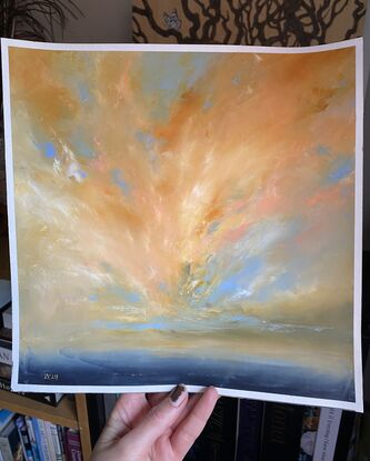 A painting of  big sky and calm clouds