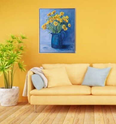 Bursts of delicate bright yellow petals playing against a blue background. Playful brushwork express the cheerful mood.