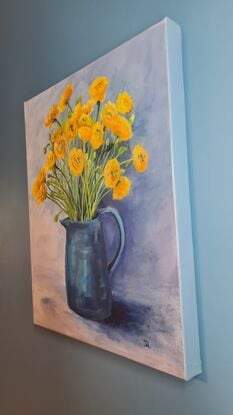 Bursts of delicate bright yellow petals playing against a blue background. Playful brushwork express the cheerful mood.