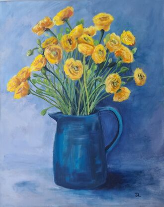 Bursts of delicate bright yellow petals playing against a blue background. Playful brushwork express the cheerful mood.