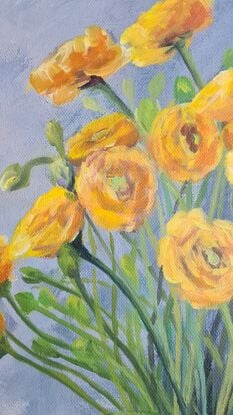 Bursts of delicate bright yellow petals playing against a blue background. Playful brushwork express the cheerful mood.