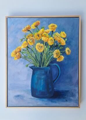 Bursts of delicate bright yellow petals playing against a blue background. Playful brushwork express the cheerful mood.