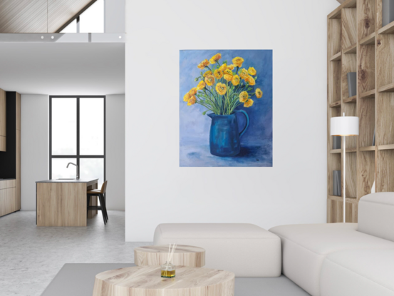 Bursts of delicate bright yellow petals playing against a blue background. Playful brushwork express the cheerful mood.