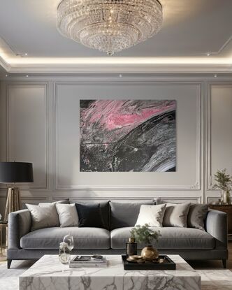 A fluid art painting featuring swirling patterns of black, grey, and pink acrylic paint on canvas. The composition resembles a flowing, abstract landscape with a dynamic contrast between dark and light tones, evoking a sense of movement and depth.