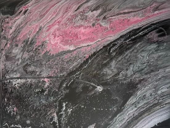 A fluid art painting featuring swirling patterns of black, grey, and pink acrylic paint on canvas. The composition resembles a flowing, abstract landscape with a dynamic contrast between dark and light tones, evoking a sense of movement and depth.