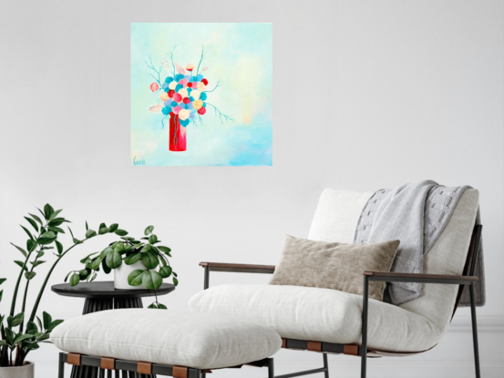 Bunch of flowers in pinks through to blues and turquoises, sitting in a vase,  still life, oil, Lucinda Leveille, original artwork, framed,