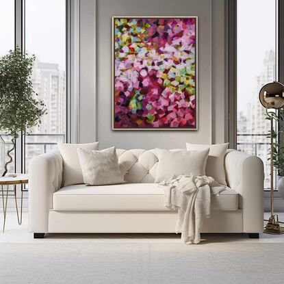 This is an abstract painting in various shades of pink and green. It's made with the silicone wedge in patches. It has a floral look, reminiscent of young spring blossom or petals fallen in the garden.