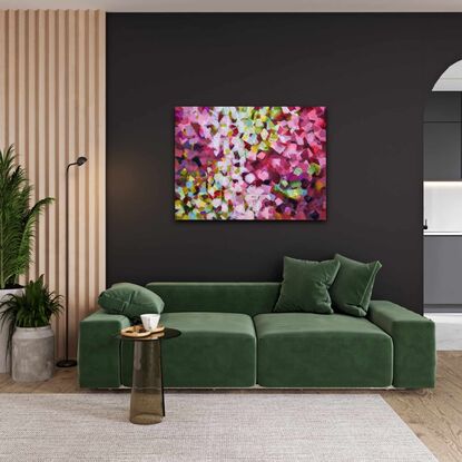 This is an abstract painting in various shades of pink and green. It's made with the silicone wedge in patches. It has a floral look, reminiscent of young spring blossom or petals fallen in the garden.