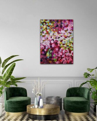 This is an abstract painting in various shades of pink and green. It's made with the silicone wedge in patches. It has a floral look, reminiscent of young spring blossom or petals fallen in the garden.