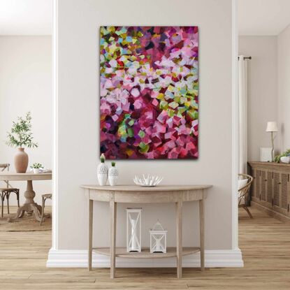 This is an abstract painting in various shades of pink and green. It's made with the silicone wedge in patches. It has a floral look, reminiscent of young spring blossom or petals fallen in the garden.