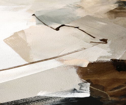 Brown, grey, beige, and gold brushwork interwoven over a white washed background.  