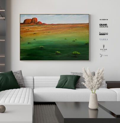 Dusks Serene Embrace by Tania Chanter  is a textured abstract landscape that captures the tranquil warmth of an evening scene in rich green and ochre tones with a mountain ridge along the horizon.