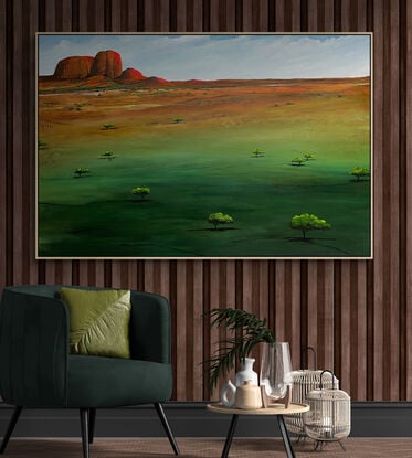 Dusks Serene Embrace by Tania Chanter  is a textured abstract landscape that captures the tranquil warmth of an evening scene in rich green and ochre tones with a mountain ridge along the horizon.