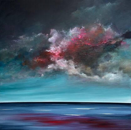 Textured moody cloudscape that looks like a storm is approaching with movement overlooking peaceful sea in rich teal and red tones.

