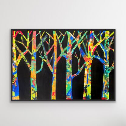 Brightly coloured trees on a black background.