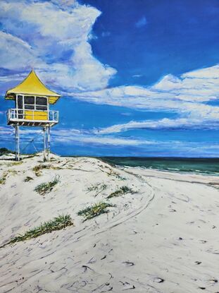 Seascape oil painting of the view of Semaphore beach with the yellow lifeguard tower. The sand is rippled and the ocean is in the background.