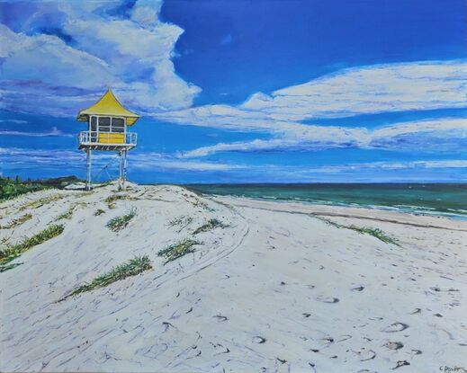 Seascape oil painting of the view of Semaphore beach with the yellow lifeguard tower. The sand is rippled and the ocean is in the background.