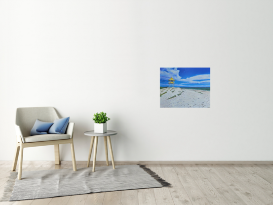 Seascape oil painting of the view of Semaphore beach with the yellow lifeguard tower. The sand is rippled and the ocean is in the background.