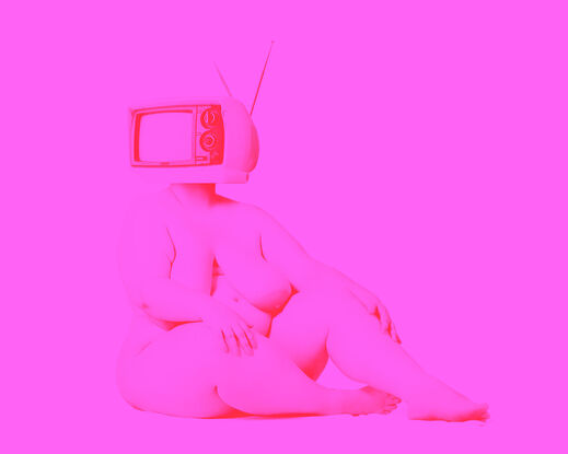 A naked woman with a TV replacing her head sitting down.  A duotone image using red and over pink.