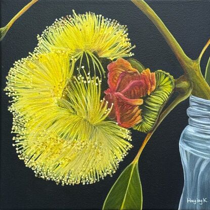 The painting features a bright yellow flower in full bloom with a red gum nut  set against a dark background. The flower rests in a simple glass jar, creating a striking contrast with the moody backdrop.