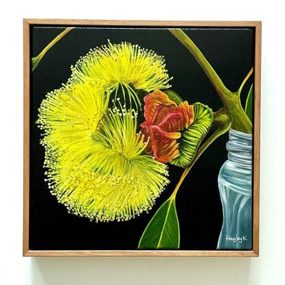 The painting features a bright yellow flower in full bloom with a red gum nut  set against a dark background. The flower rests in a simple glass jar, creating a striking contrast with the moody backdrop.