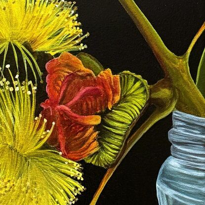 The painting features a bright yellow flower in full bloom with a red gum nut  set against a dark background. The flower rests in a simple glass jar, creating a striking contrast with the moody backdrop.