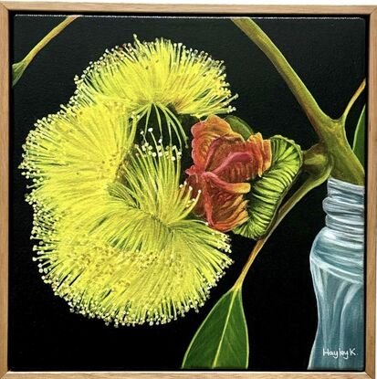 The painting features a bright yellow flower in full bloom with a red gum nut  set against a dark background. The flower rests in a simple glass jar, creating a striking contrast with the moody backdrop.