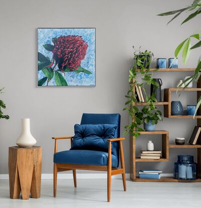 a stencil painting of a Shady Lady protea flower, with a lace background.