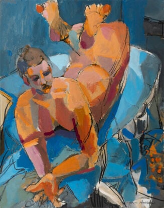 An acrylic figure painting of a model in a blue interior.