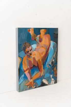 An acrylic figure painting of a model in a blue interior.