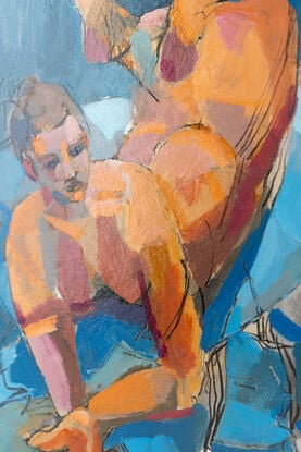 An acrylic figure painting of a model in a blue interior.