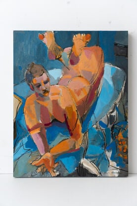 An acrylic figure painting of a model in a blue interior.