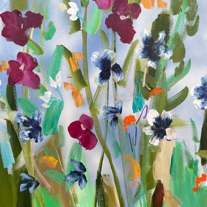 A colourful painting of flowers. Energetic and colourful.