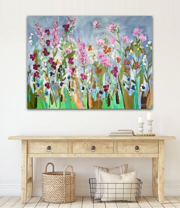 A colourful painting of flowers. Energetic and colourful.