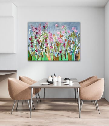 A colourful painting of flowers. Energetic and colourful.