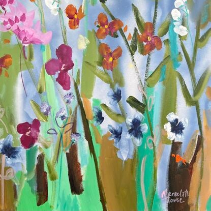 A colourful painting of flowers. Energetic and colourful.